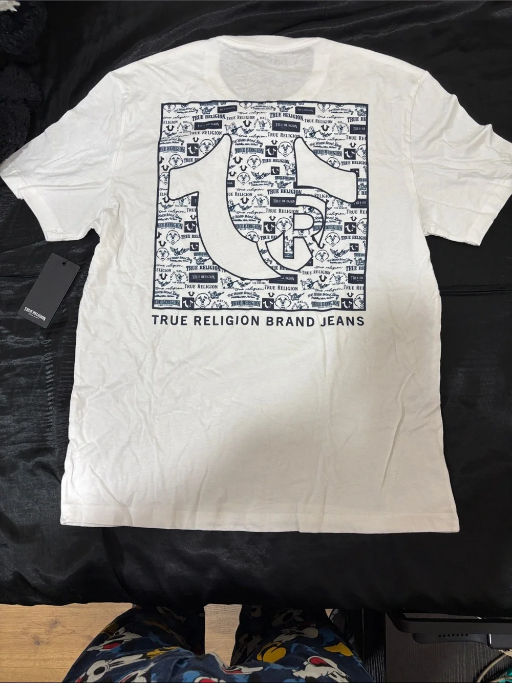 True Religion White Tee with Navy Logo Block Graphic
